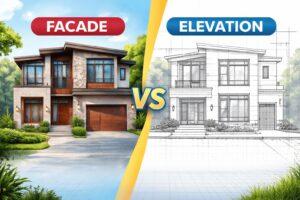 Comparison of a building's facade and elevation in Nigeria, showing the architectural design on the left and the technical elevation drawing on the right.